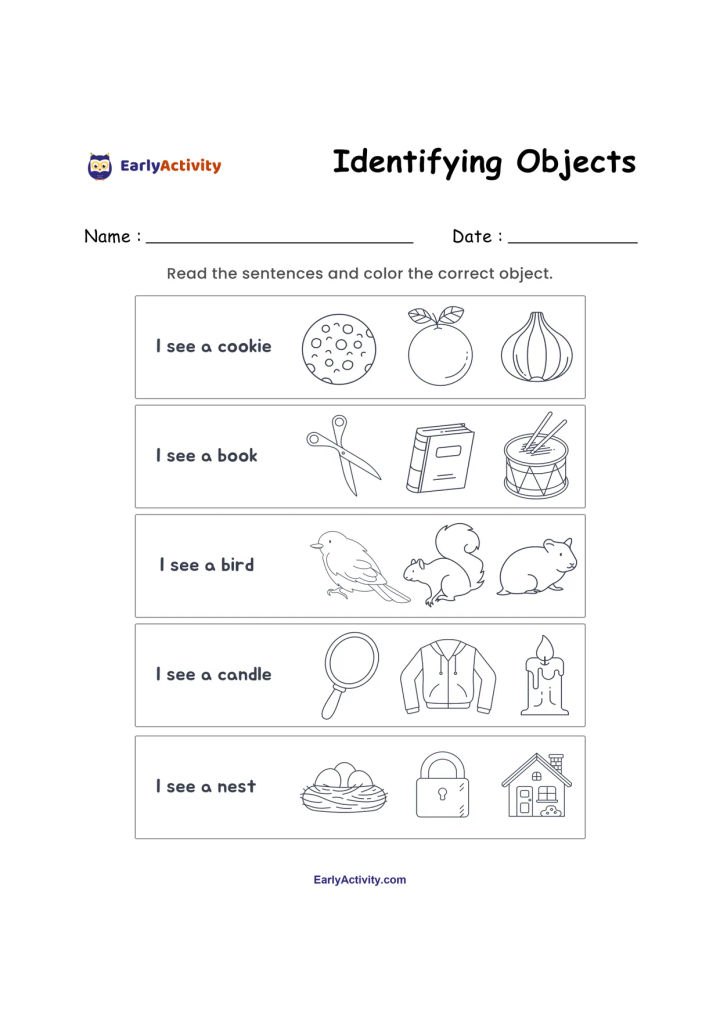 Worksheet with five rows of three outlined objects. Children read clues about a cookie, book, bird, candle and nest, then colour the matching item.