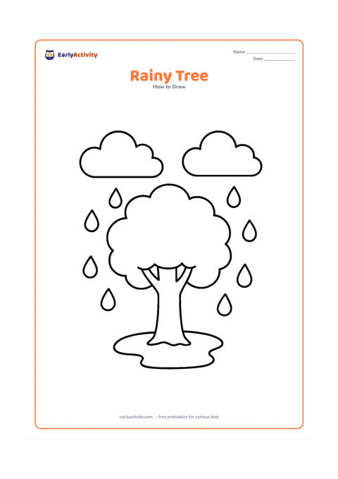 Worksheet: Show a broad tree with a rounded canopy under two large clouds, with a few big raindrops falling around it and a puddle at its base.