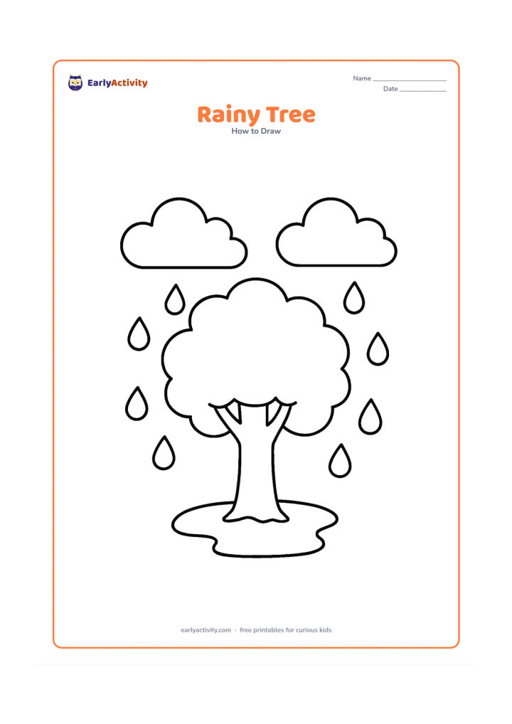 Worksheet: Show a broad tree with a rounded canopy under two large clouds, with a few big raindrops falling around it and a puddle at its base.