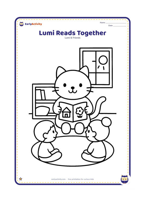 Colouring page: Lumi sits on a classroom rug holding an open picture book while two young classmates listen. Add a low bookshelf, cushions and a sunny window, with large uncluttered shapes.