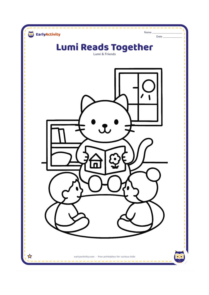 Colouring page: Lumi sits on a classroom rug holding an open picture book while two young classmates listen. Add a low bookshelf, cushions and a sunny window, with large uncluttered shapes.