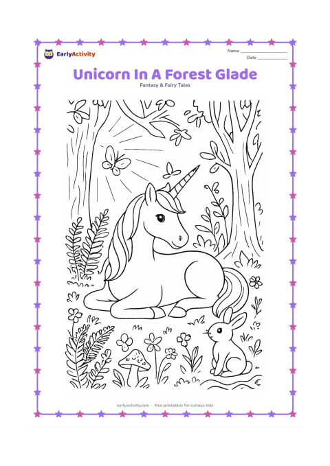 Colouring page: Draw one unicorn resting in a forest clearing surrounded by ferns, mushrooms, tree roots, wildflowers, butterflies, and sunbeams between tall trees. Include a small friendly rabbit nearby.