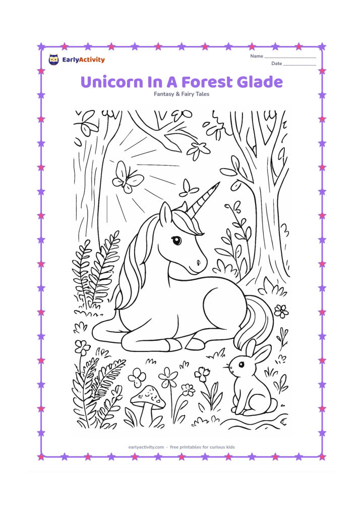 Colouring page: Draw one unicorn resting in a forest clearing surrounded by ferns, mushrooms, tree roots, wildflowers, butterflies, and sunbeams between tall trees. Include a small friendly rabbit nearby.
