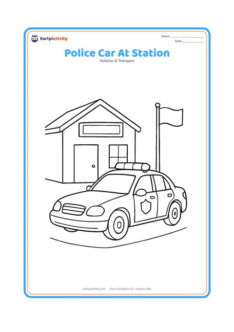 Colouring page: Draw a medium-detail police car parked outside a small police station building, shown in a three-quarter view with roof lights, mirrors and a plain shield-shaped door badge. The building…