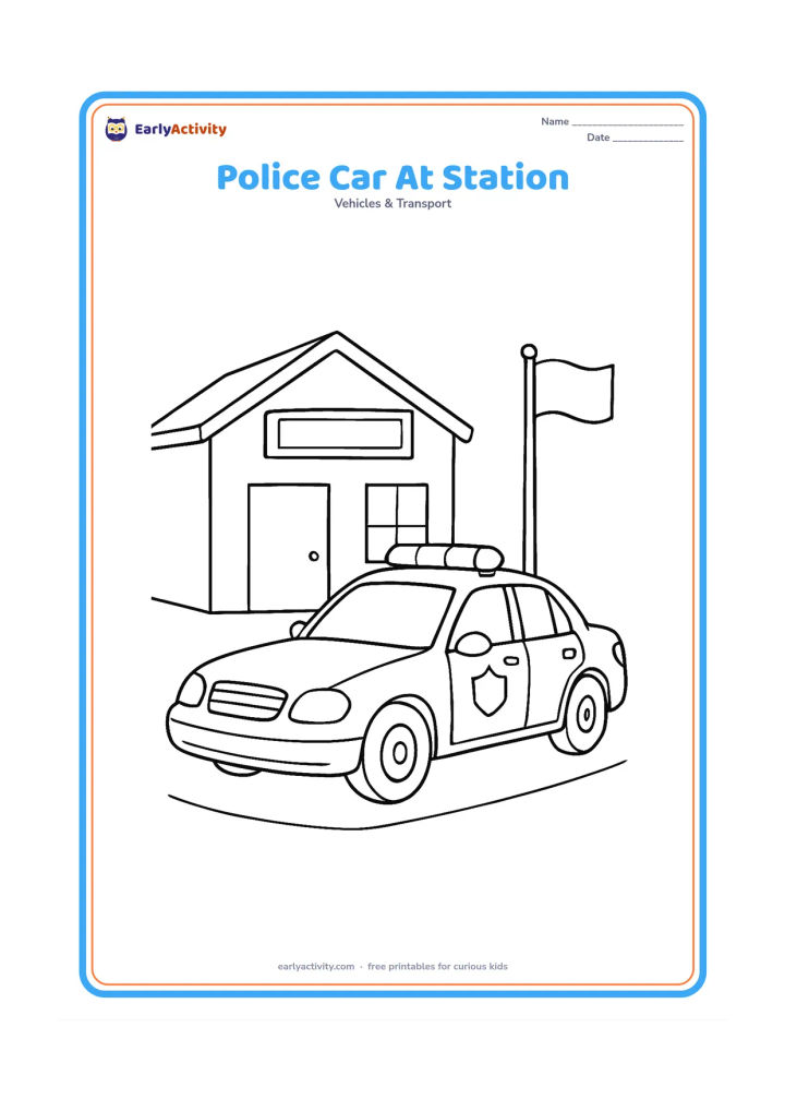 Colouring page: Draw a medium-detail police car parked outside a small police station building, shown in a three-quarter view with roof lights, mirrors and a plain shield-shaped door badge. The building…