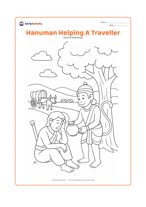Colouring page: Hanuman offers a water pot to a tired traveller seated beneath a roadside tree, with his gada leaning against the trunk. Add a bullock cart in the distance, a village path, and low hills.