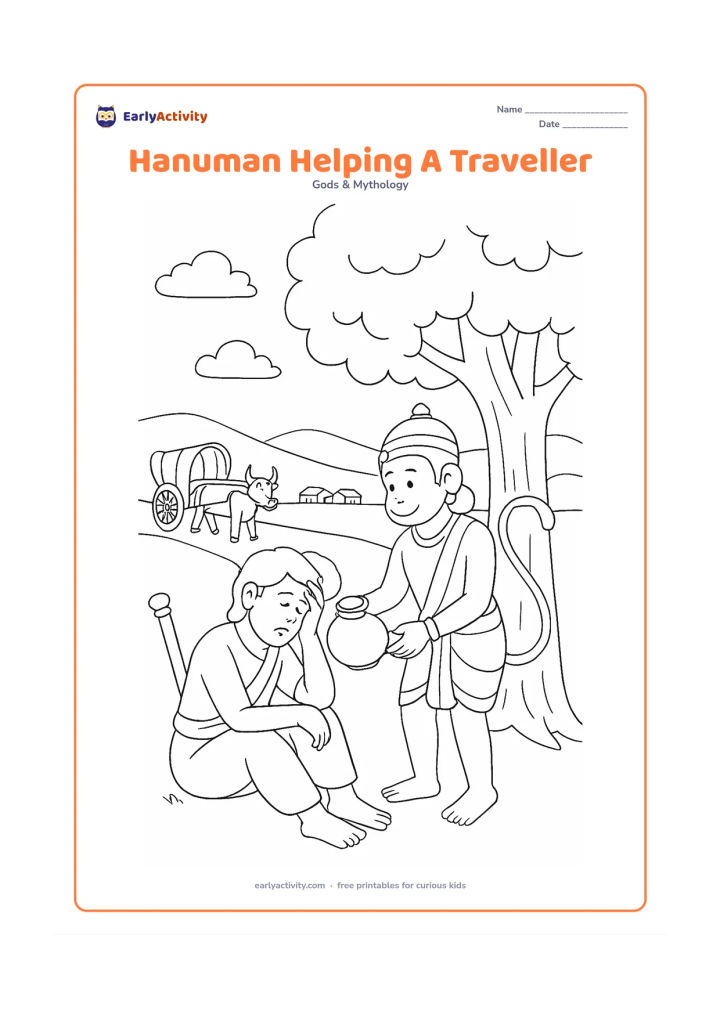 Colouring page: Hanuman offers a water pot to a tired traveller seated beneath a roadside tree, with his gada leaning against the trunk. Add a bullock cart in the distance, a village path, and low hills.