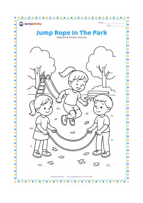 Colouring page: Draw three children taking turns with a jump rope in a neighbourhood park, with one child jumping and two holding the rope. Add a slide, trees, a bench, and scattered leaves.