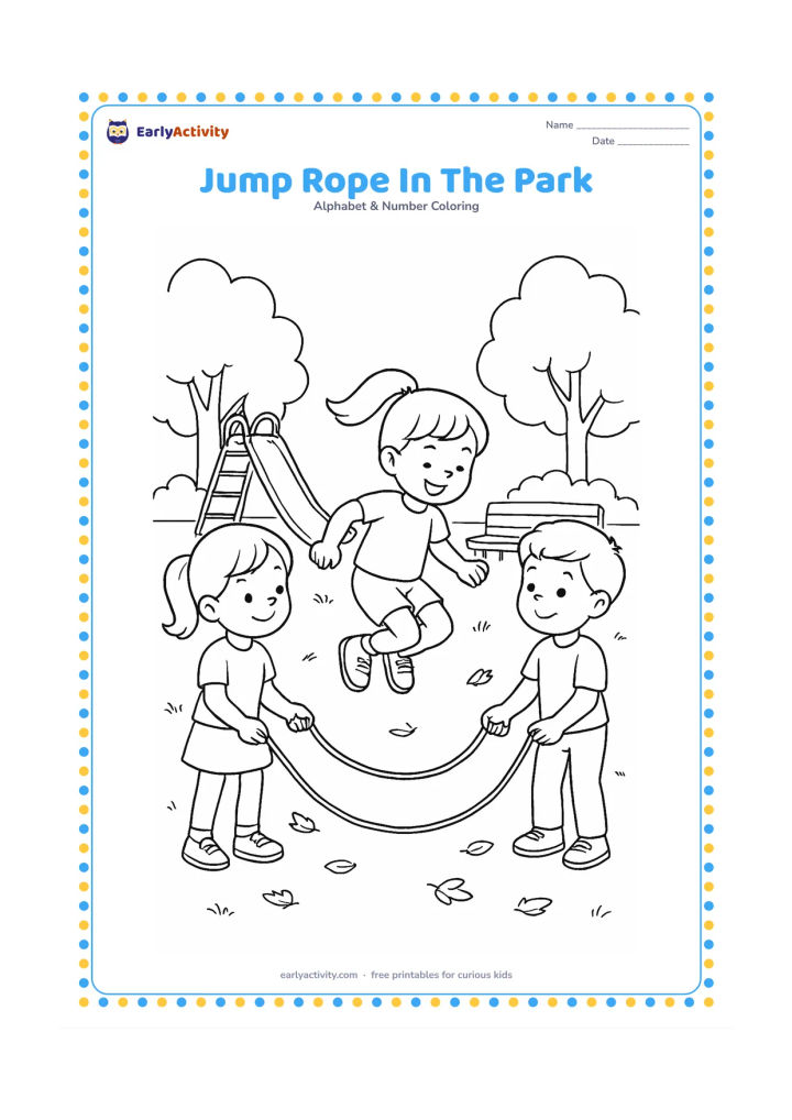 Colouring page: Draw three children taking turns with a jump rope in a neighbourhood park, with one child jumping and two holding the rope. Add a slide, trees, a bench, and scattered leaves.