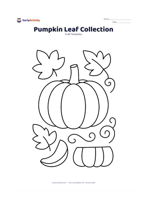 Worksheet: A large pumpkin is shown with separate leaf shapes, a straight stem, and three different curved vine pieces arranged around it. Add a small set of broad pumpkin section pieces for a…