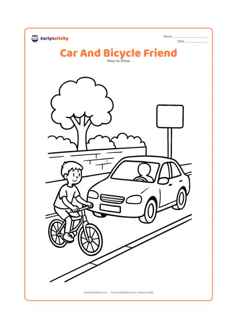 Worksheet: Show a car passing slowly beside a child's bicycle on a quiet residential street, with a tree, garden wall, footpath and a blank road sign. Draw both vehicles clearly from the side and…