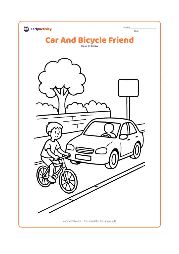 Worksheet: Show a car passing slowly beside a child's bicycle on a quiet residential street, with a tree, garden wall, footpath and a blank road sign. Draw both vehicles clearly from the side and…