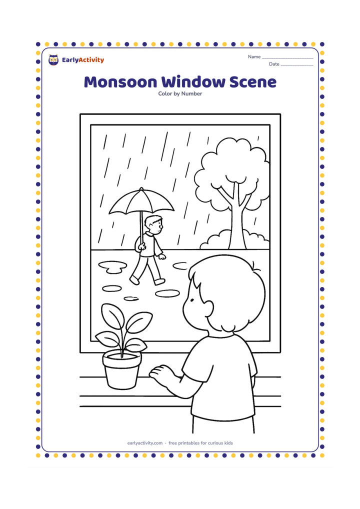 Colouring page: Draw a child looking through a window at falling rain, with a potted plant and a cup on the sill. Outside, show an umbrella-carrying neighbour, puddles, and a leafy tree.