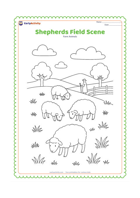Colouring page: A small flock of sheep grazes across a sloping field while a distant shepherd figure stands near a fence, with trees, hills, clouds and varied grasses. Keep the human figure modest and…