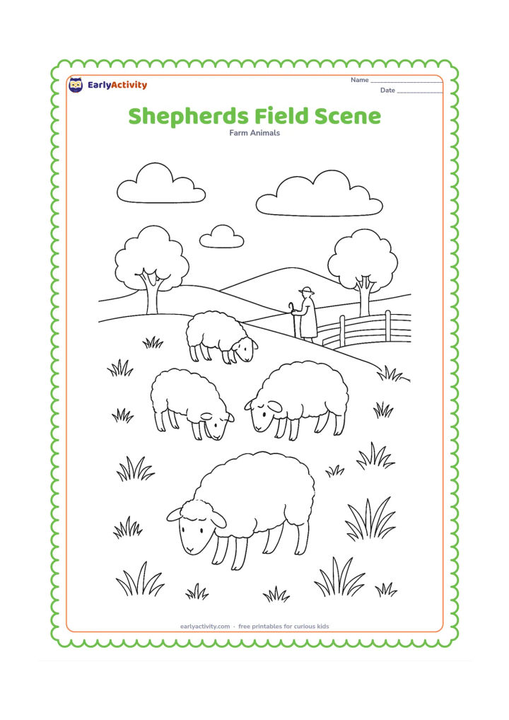 Colouring page: A small flock of sheep grazes across a sloping field while a distant shepherd figure stands near a fence, with trees, hills, clouds and varied grasses. Keep the human figure modest and…