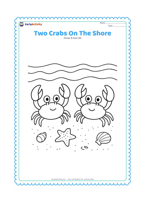 Colouring page: Show two friendly crabs facing each other on a sandy shore, each with two claws and visible walking legs. Add a low wave, a starfish, shells and small footprints in the sand.