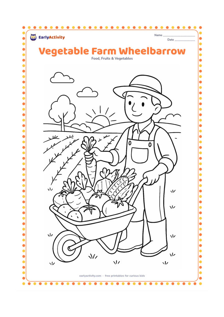 Colouring page: Show a wheelbarrow being filled with harvested carrots, potatoes, onions, corn, tomatoes, and leafy greens on a farm. Add a farmer, crop rows, trees, and a simple sunrise in the distance.