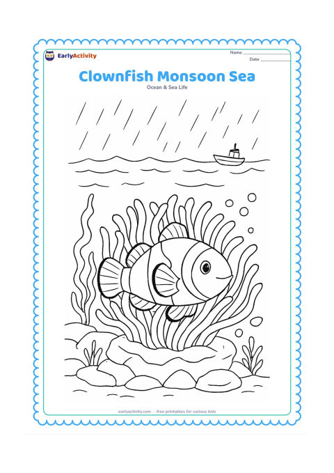 Colouring page: Show a clownfish sheltered among sea anemone tentacles while rippled water and rain marks appear above the surface. Include Indian coastal reef rocks, seaweed, bubbles, and a small…