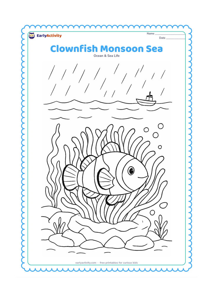 Colouring page: Show a clownfish sheltered among sea anemone tentacles while rippled water and rain marks appear above the surface. Include Indian coastal reef rocks, seaweed, bubbles, and a small…