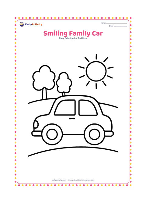 Colouring page: Draw a friendly compact car travelling along a smooth road with two simple trees and a low sun in the background. Show the car in a clear side view with large windows, wheels and open…