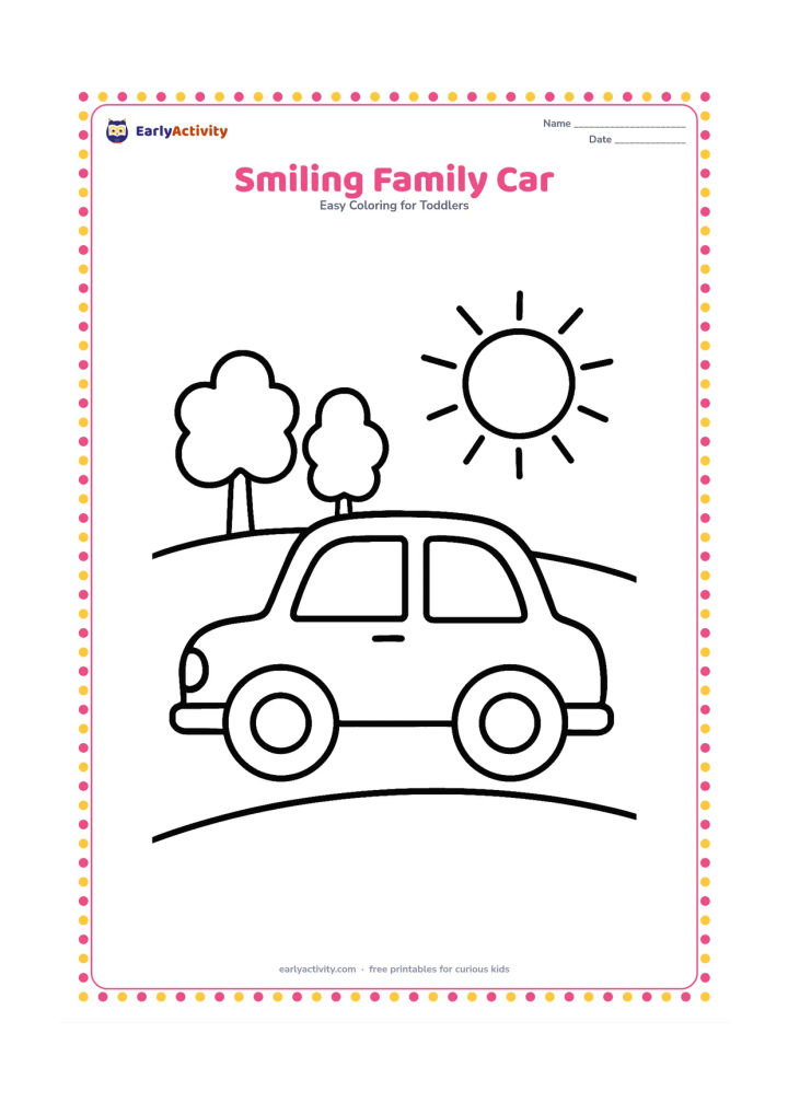 Colouring page: Draw a friendly compact car travelling along a smooth road with two simple trees and a low sun in the background. Show the car in a clear side view with large windows, wheels and open…