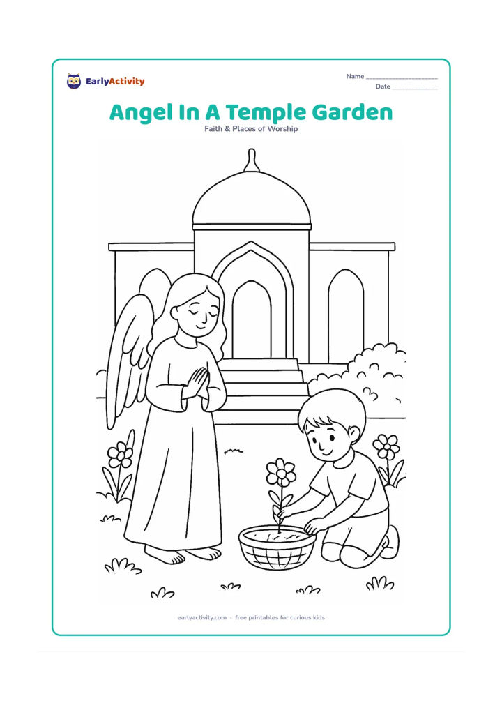 Colouring page: A peaceful angel stands outside a non-specific Indian place of worship with an arched entrance, garden steps and flowering plants, without any signs, script or identifiable religious…