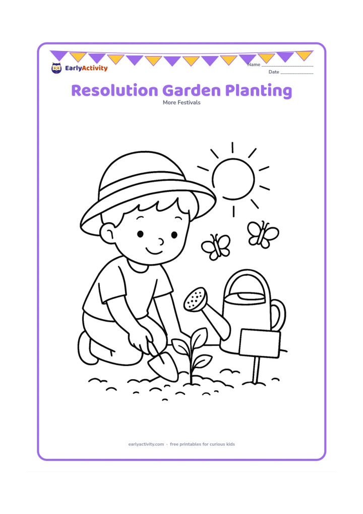 Colouring page: A child plants a small seedling in a garden as a picture of a fresh start, with a watering can, hand trowel, butterflies and a simple blank tag on a stick. Add a rising sun behind the…