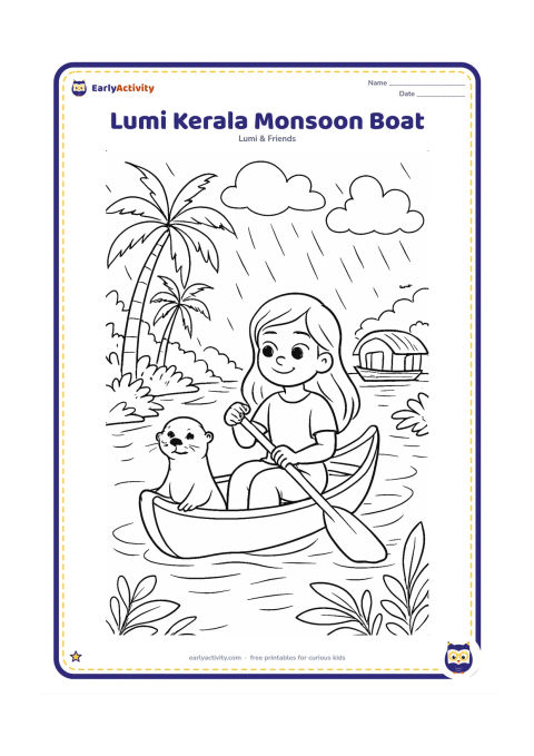 Colouring page: Lumi sits in a small traditional canoe moving through calm rain-fed backwaters, with a friend otter at the front. Show coconut palms, a houseboat-like roof in the distance, ripples, rain…