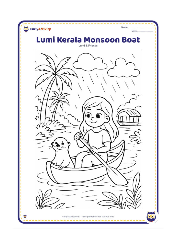 Colouring page: Lumi sits in a small traditional canoe moving through calm rain-fed backwaters, with a friend otter at the front. Show coconut palms, a houseboat-like roof in the distance, ripples, rain…