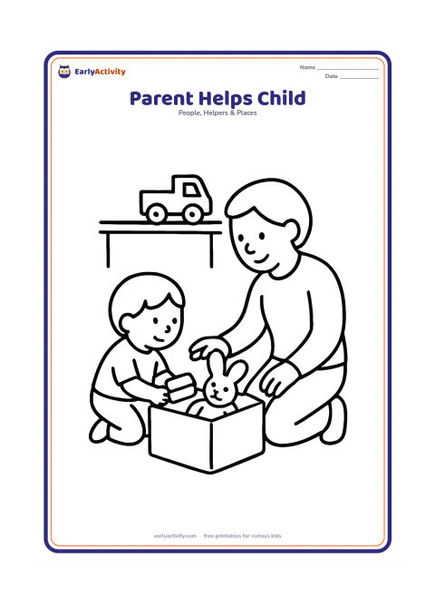 Colouring page: Show an adult kneeling beside a young child who is putting a toy into a storage box. Include three large toys and a plain shelf in the background.
