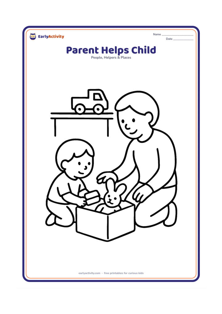 Colouring page: Show an adult kneeling beside a young child who is putting a toy into a storage box. Include three large toys and a plain shelf in the background.