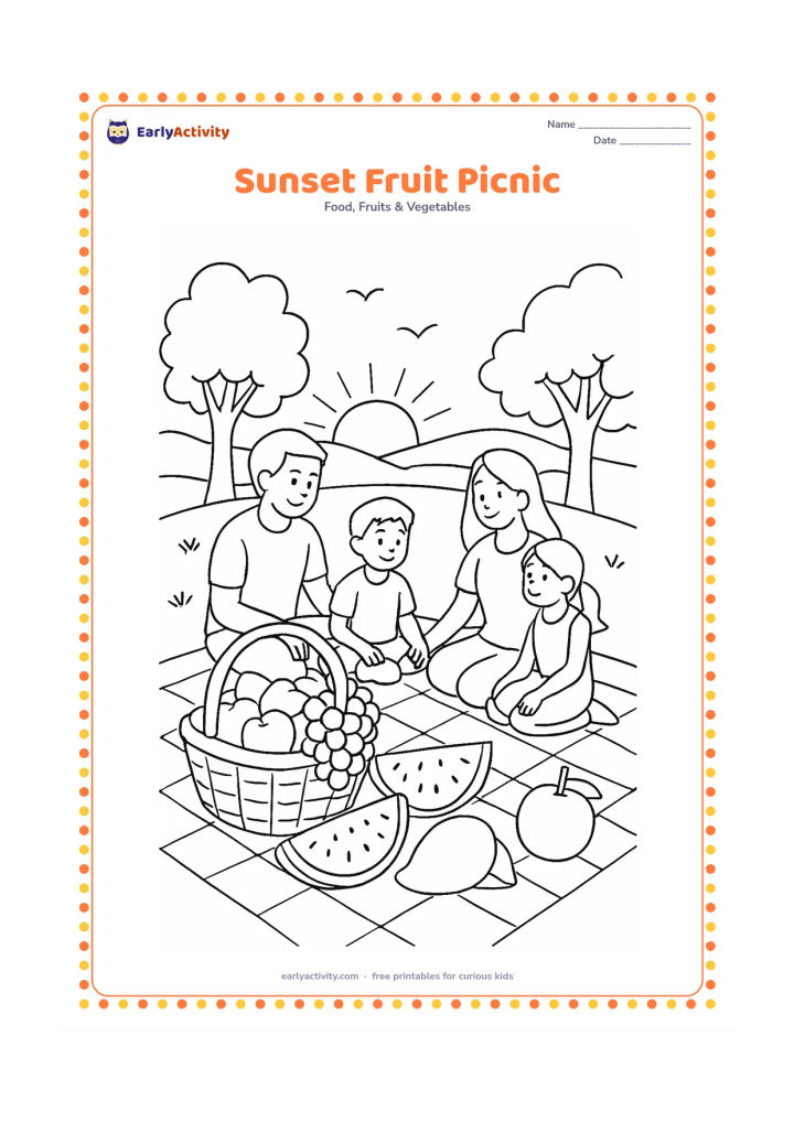 Colouring page: A family picnic at sunset with a basket of mixed fruit, watermelon slices, a mango, grapes, and apples on a blanket, with trees, birds, distant hills, and long shadows.