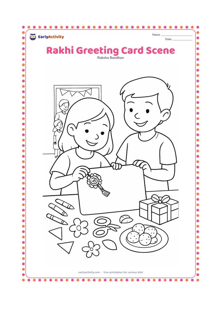 Colouring page: A child decorates a large blank card-shaped sheet with a rakhi, flowers, sweets and a gift while a sibling watches and smiles. Set the scene at a craft table with crayons, scissors,…