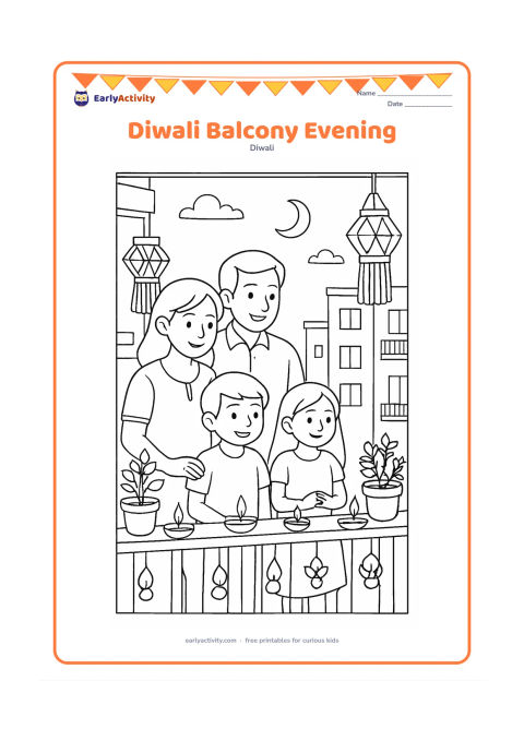 Colouring page: Draw a family of four standing on an apartment balcony at evening, looking at rows of glowing diyas and lanterns on the railing. Include potted tulsi plants, neighbouring balconies and a…