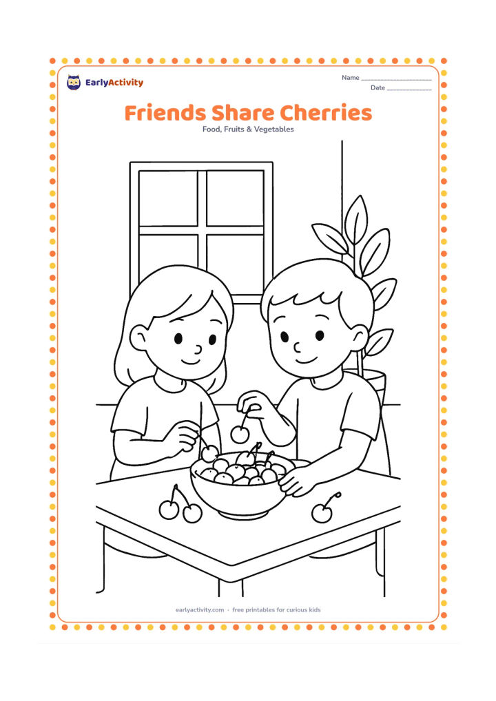 Colouring page: Draw two children sitting together at a low table and sharing a bowl of cherries, with a window, plant and simple home setting behind them.