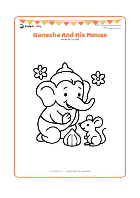Colouring page: A cheerful Ganesha bends slightly to greet a friendly mouse sitting near his feet. Add one oversized modak and two simple flower shapes.