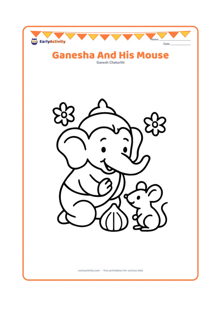 Colouring page: A cheerful Ganesha bends slightly to greet a friendly mouse sitting near his feet. Add one oversized modak and two simple flower shapes.