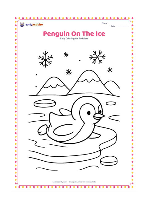 Colouring page: Draw a penguin sliding on its belly across a wide ice floe. Add two smaller ice pieces, a few snowflakes and distant rounded mountains.