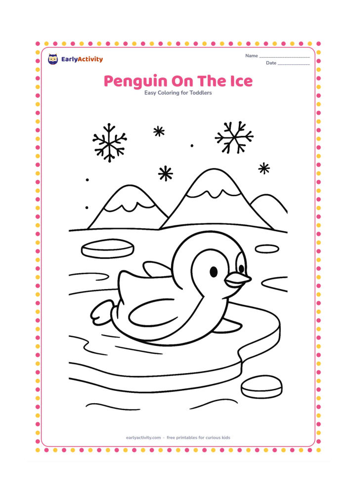 Colouring page: Draw a penguin sliding on its belly across a wide ice floe. Add two smaller ice pieces, a few snowflakes and distant rounded mountains.