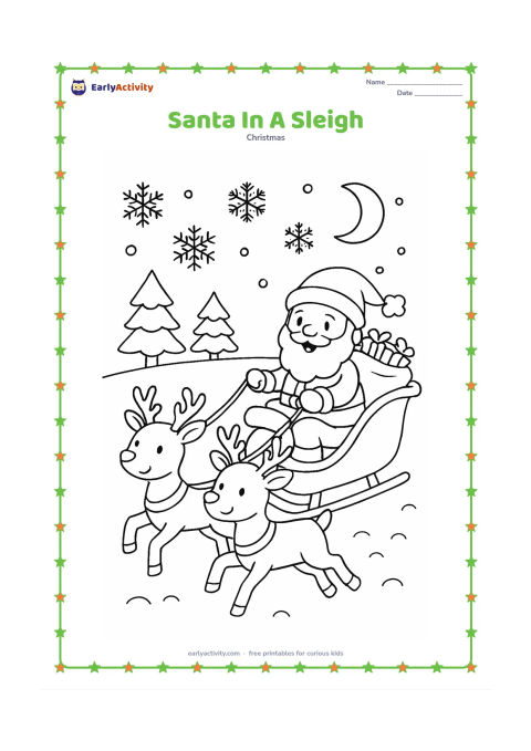 Colouring page: A smiling Santa rides in a sleigh pulled by two friendly reindeer across a snowy landscape, carrying a sack of gifts. Add pine trees, a crescent moon and large snowflakes in the sky.