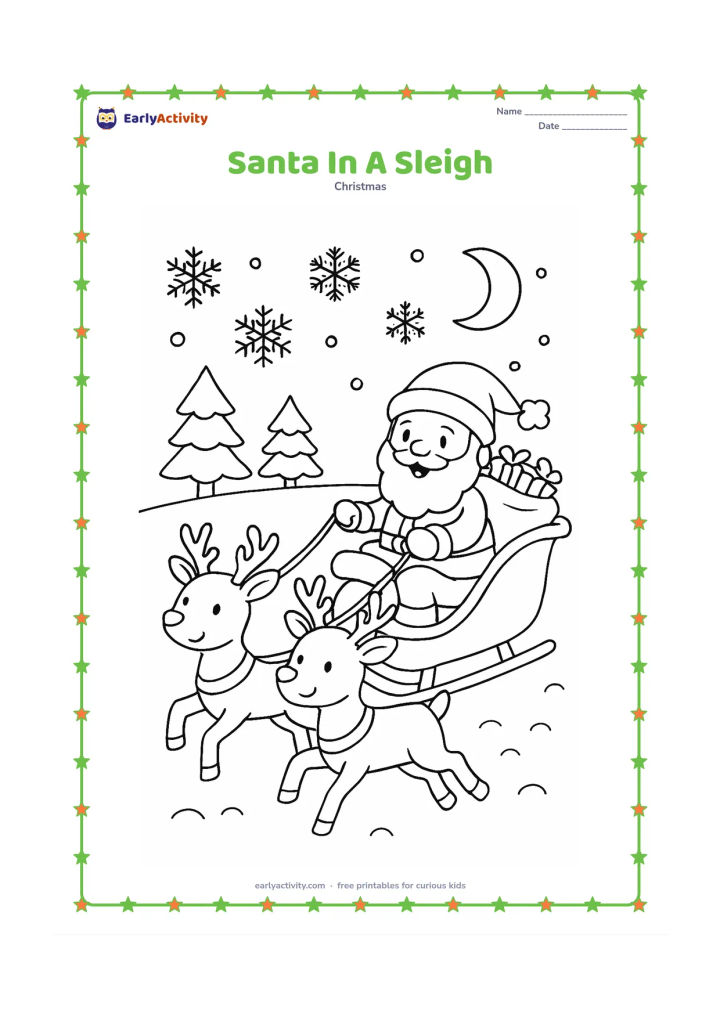 Colouring page: A smiling Santa rides in a sleigh pulled by two friendly reindeer across a snowy landscape, carrying a sack of gifts. Add pine trees, a crescent moon and large snowflakes in the sky.