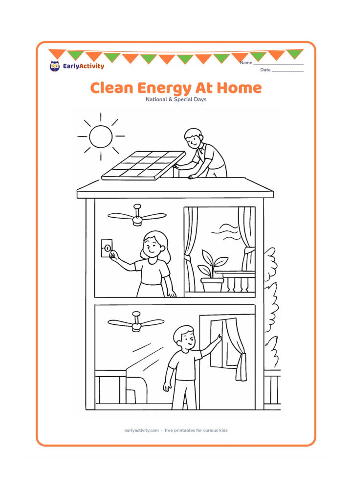 Colouring page: Draw a detailed cutaway of an Indian home showing children switching off unused lights, opening a window for fresh air and an adult checking rooftop solar panels. Include ceiling fans, a…