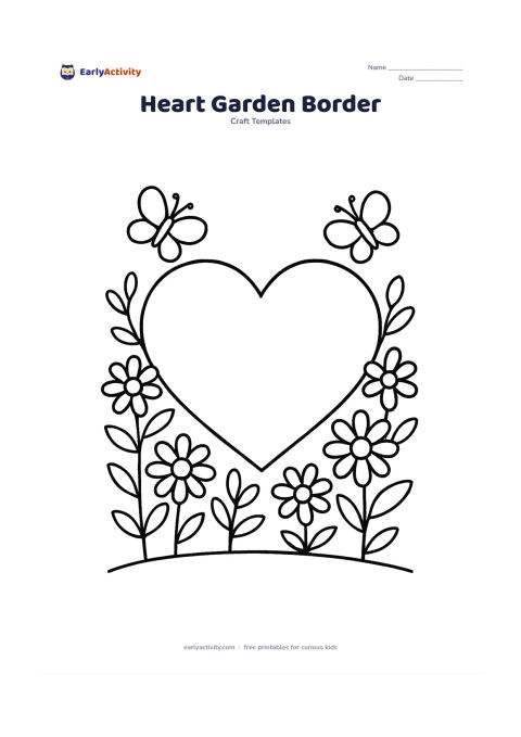 Worksheet: Draw a large heart outline with a simple garden border of daisies, leaves and two butterflies around the outside, while keeping the inside empty. Include a low curved ground line beneath…