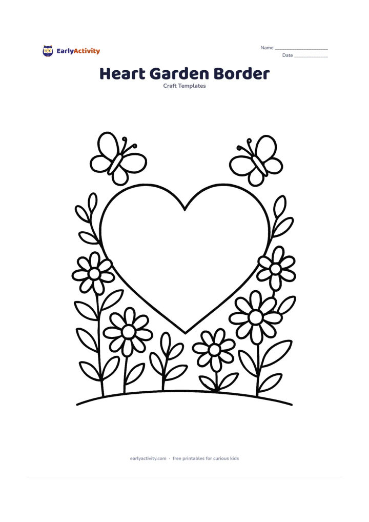 Worksheet: Draw a large heart outline with a simple garden border of daisies, leaves and two butterflies around the outside, while keeping the inside empty. Include a low curved ground line beneath…