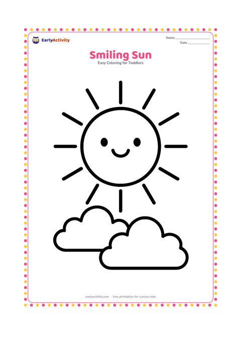 Colouring page: A large friendly sun with a round face shines above two fluffy clouds. Leave the sky mostly empty with broad rays spaced well apart.