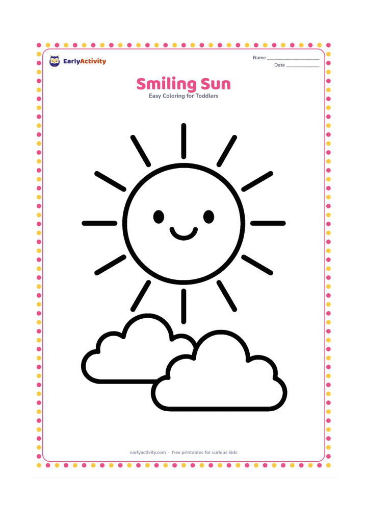 Colouring page: A large friendly sun with a round face shines above two fluffy clouds. Leave the sky mostly empty with broad rays spaced well apart.
