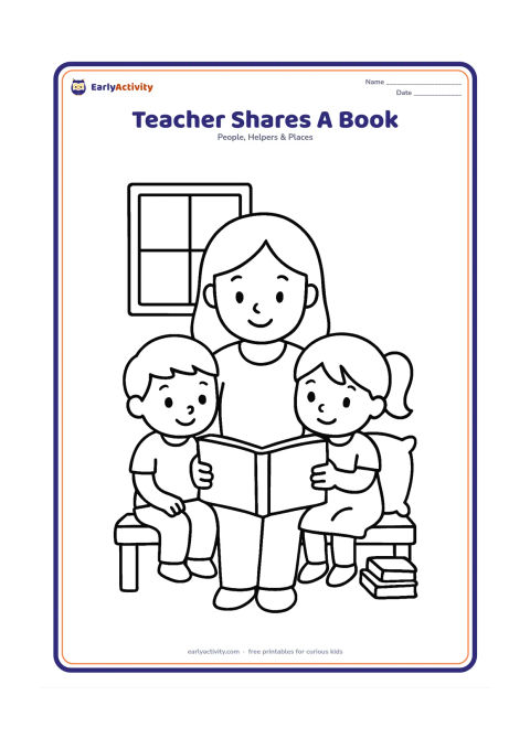 Colouring page: A teacher sits between two children on a bench, holding an open picture book for both to see. Show a window, a cushion and a small stack of plain books.