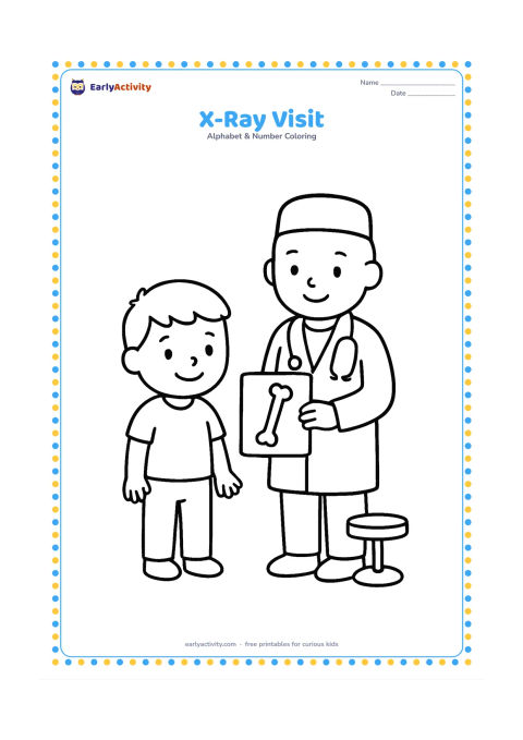 Colouring page: Draw a smiling child standing beside a doctor holding a simple X-ray plate showing a clear arm bone. Include a small examination stool.
