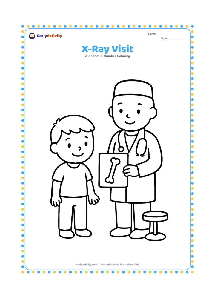 Colouring page: Draw a smiling child standing beside a doctor holding a simple X-ray plate showing a clear arm bone. Include a small examination stool.