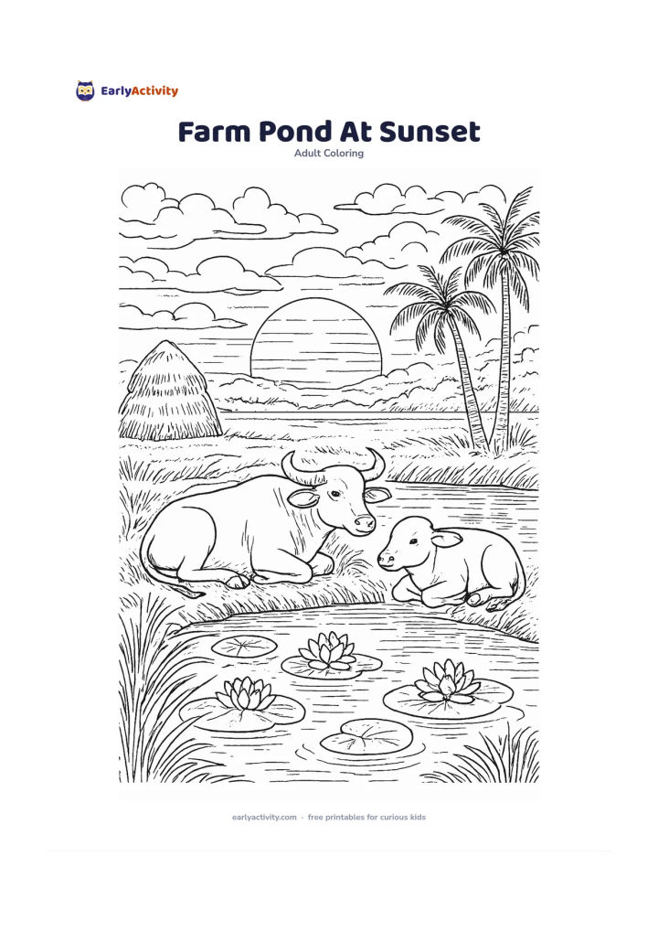 Colouring page: A small farm pond at sunset, with buffalo resting near the bank, water lilies, a simple haystack, palm silhouettes and distant fields beneath a warm cloud-filled sky. Keep the animals…